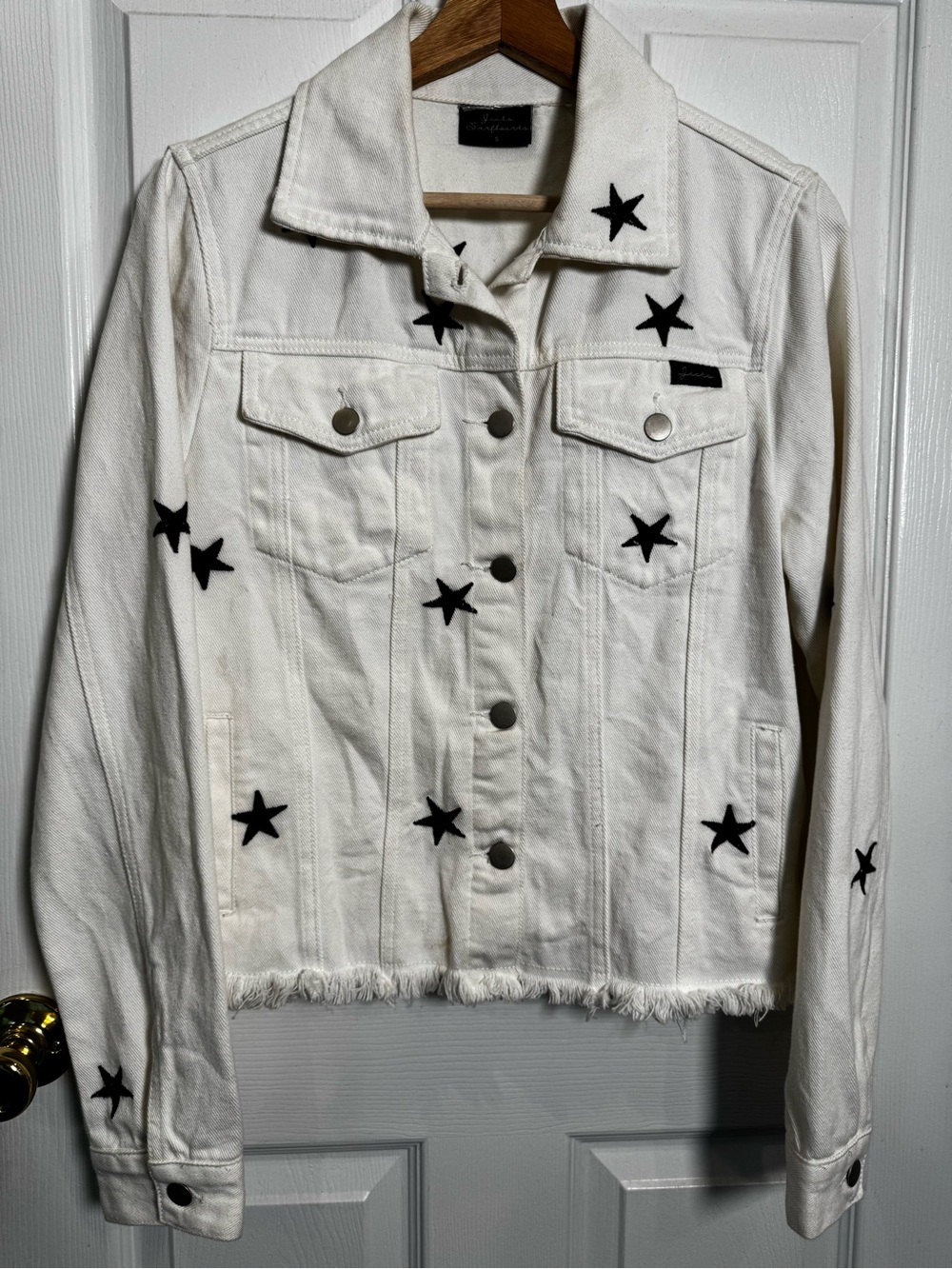 Jacks Surfboards White Denim Jacket Navy Blue Embroidered Stars Size Small